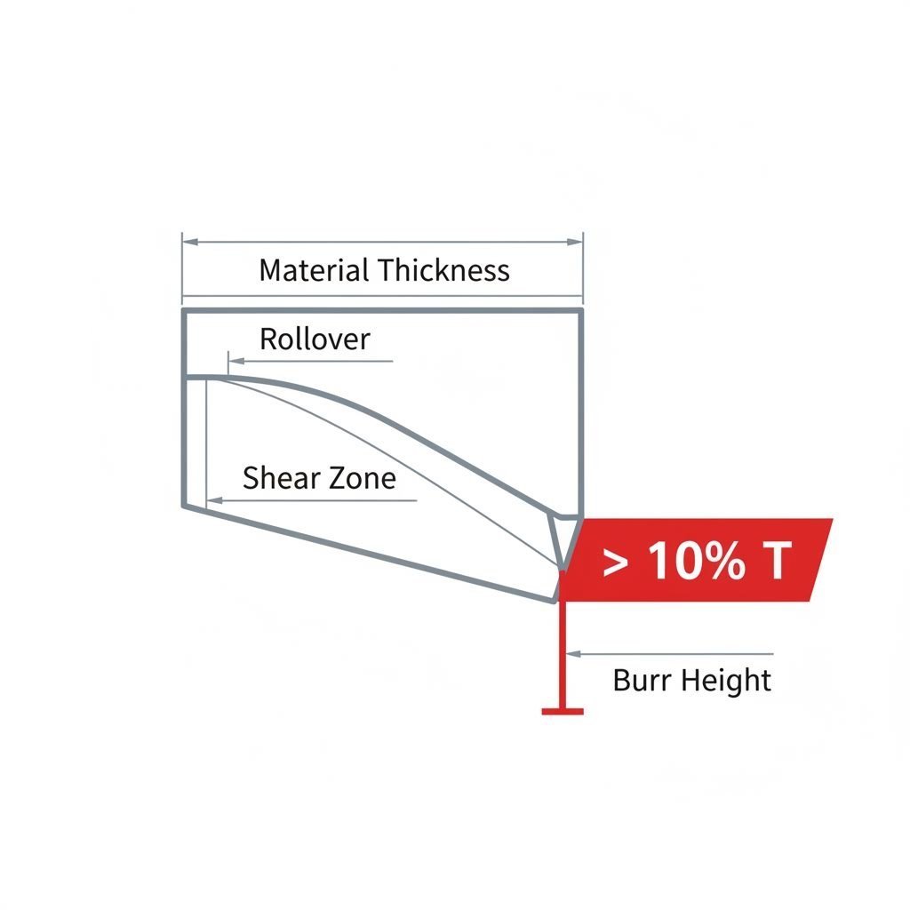Cross section of a stamped edge showing burr height measurement and rollover zones
