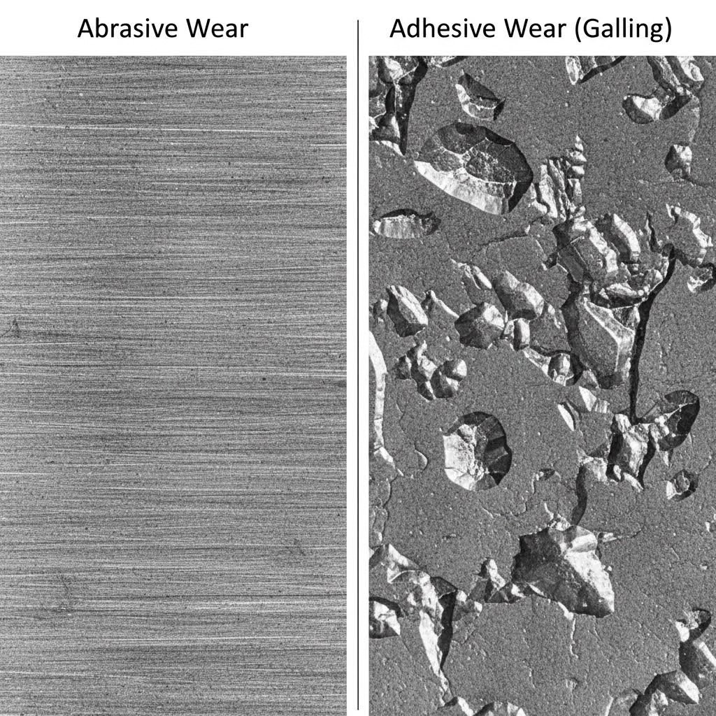 Microscopic comparison of abrasive wear patterns versus adhesive galling on tool steel
