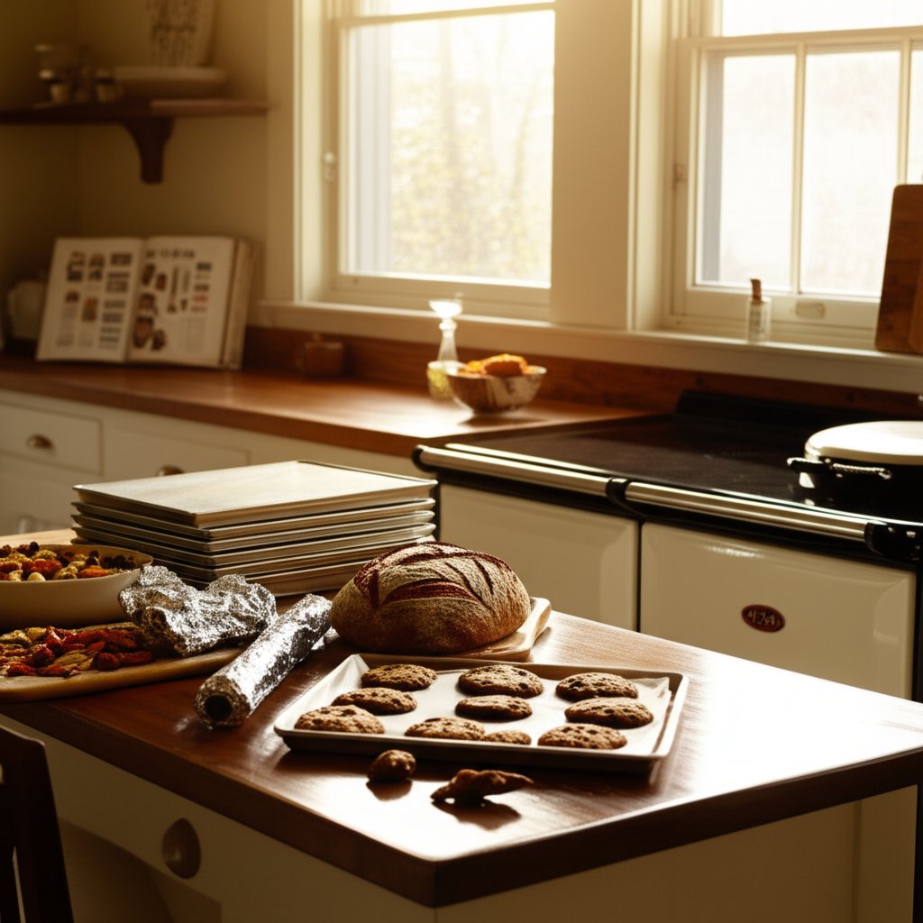 aluminum baking sheets and foil used in a kitchen for cooking and food storage