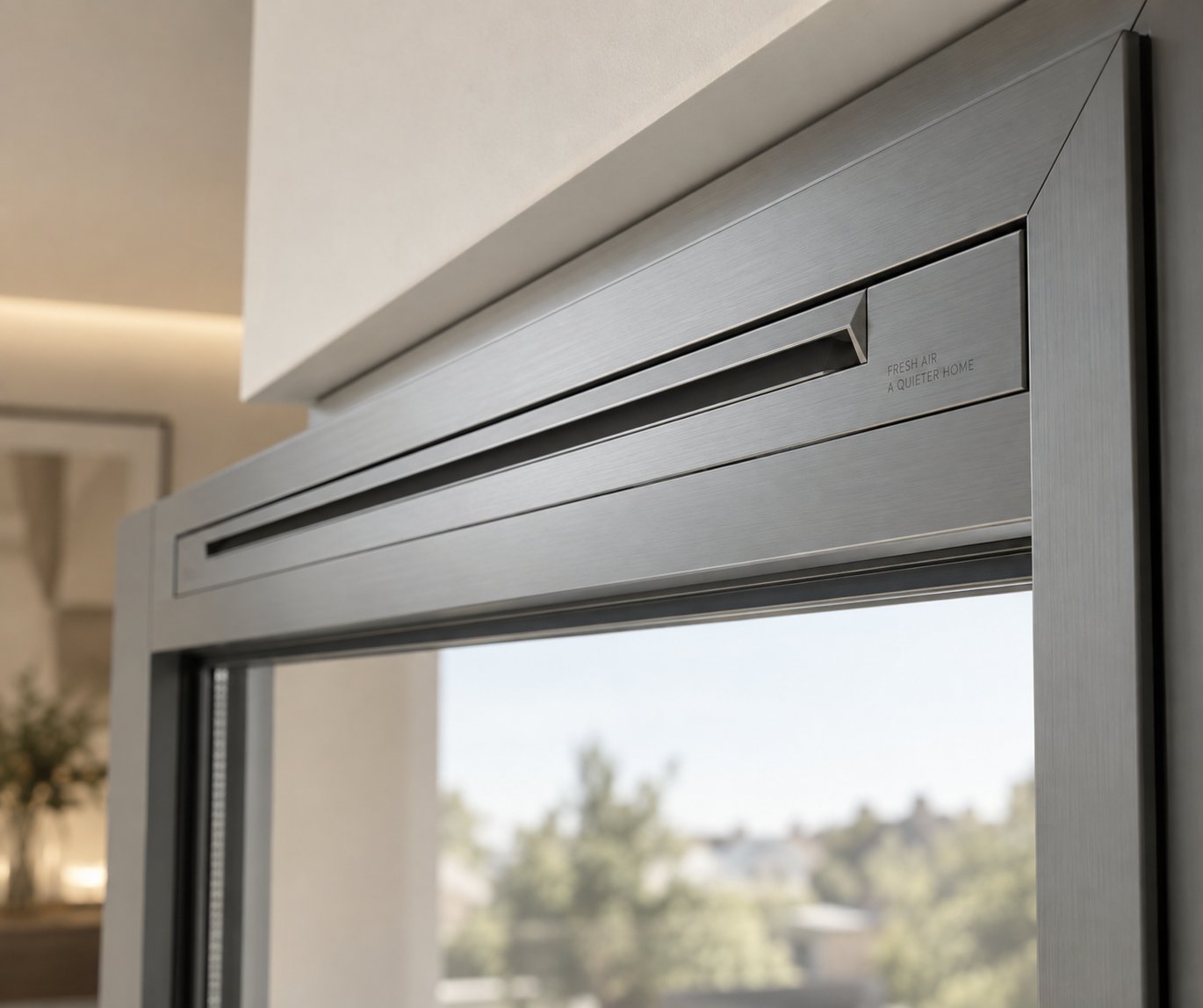 a flush trickle vent sits recessed within the window frame preserving clean sightlines while providing background ventilation