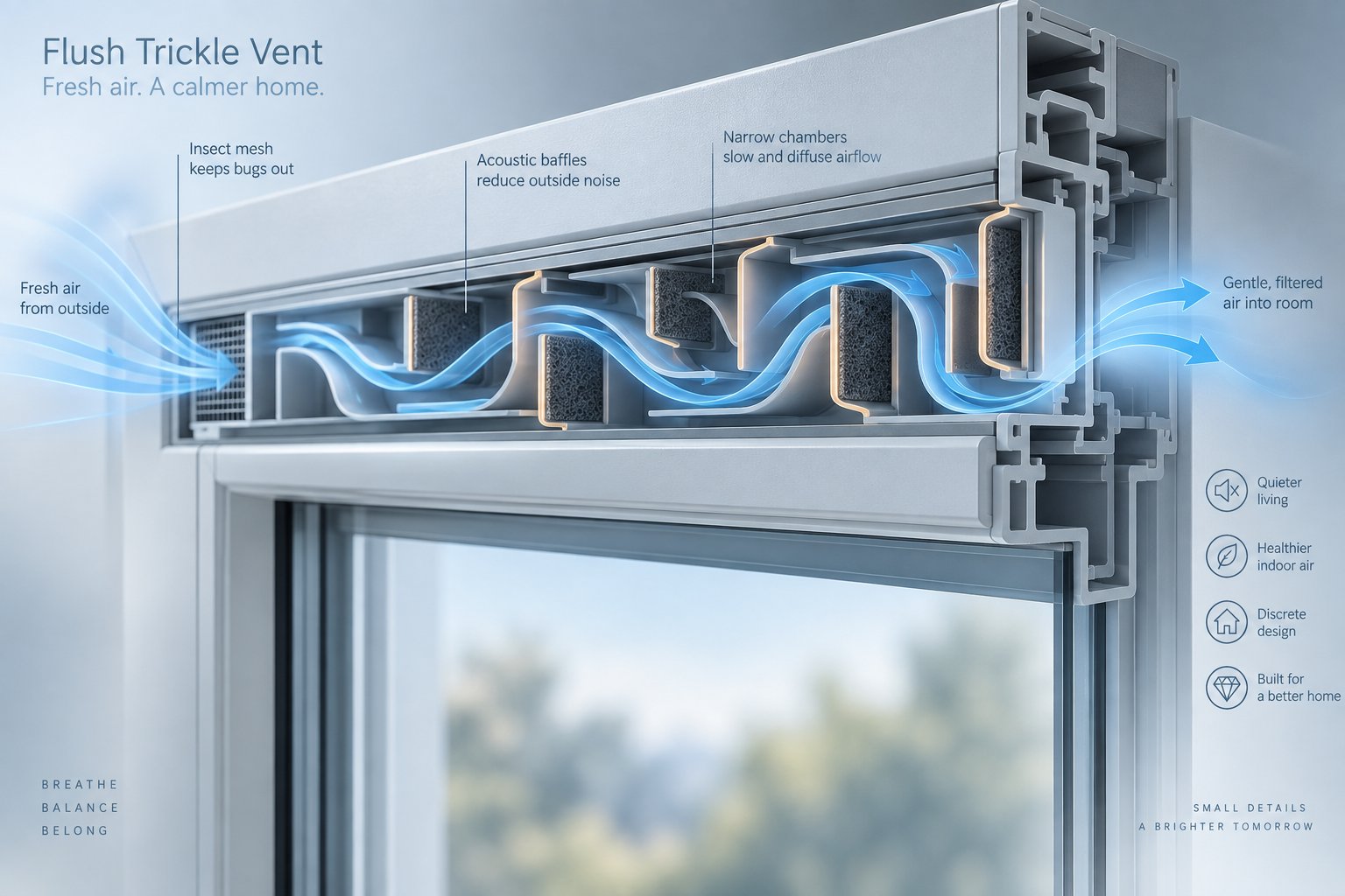 cutaway view of an acoustic flush trickle vent showing internal baffles that attenuate sound along the airflow path