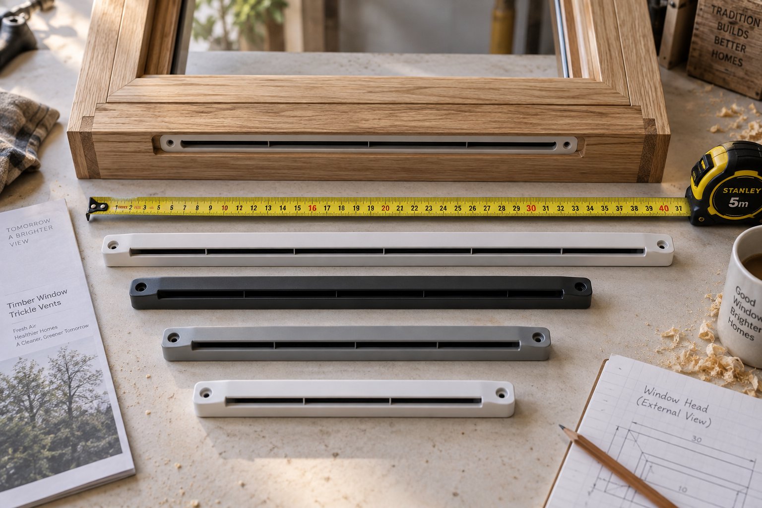 flush trickle vents in various lengths laid alongside a window frame head to illustrate the sizing selection process