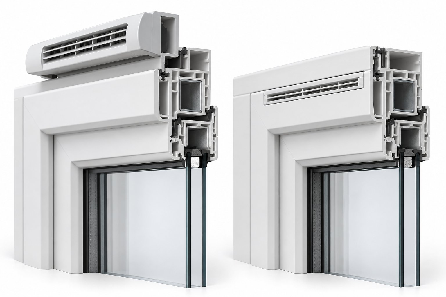 side by side comparison showing a protruding surface mounted vent versus a flush vent recessed into the frame profile