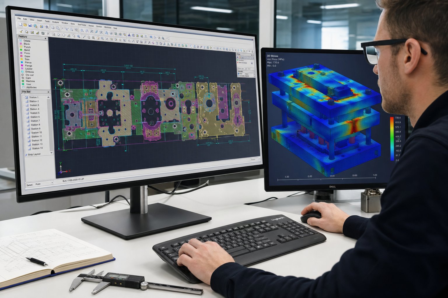 info-1-1 cad based progressive die strip layout design and fea simulation validation on engineering workstation