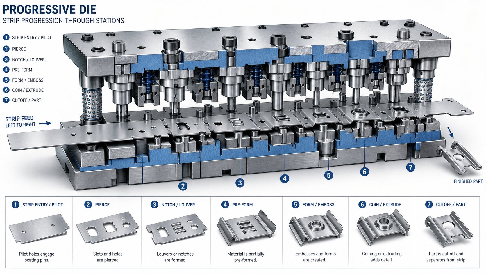 info-1-1 metal strip advancing through sequential progressive die stations from initial pierce to final part separation