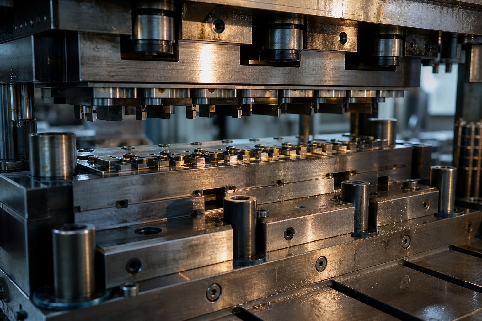 info-1-1 progressive stamping die assembly showing multiple precision stations inside a high volume stamping press