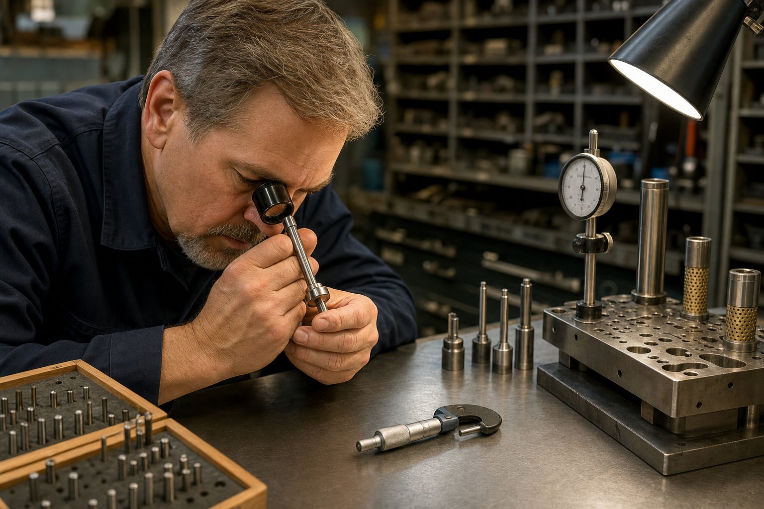 info-1-1 toolmaker performing preventive maintenance inspection on progressive die punch components at service bench