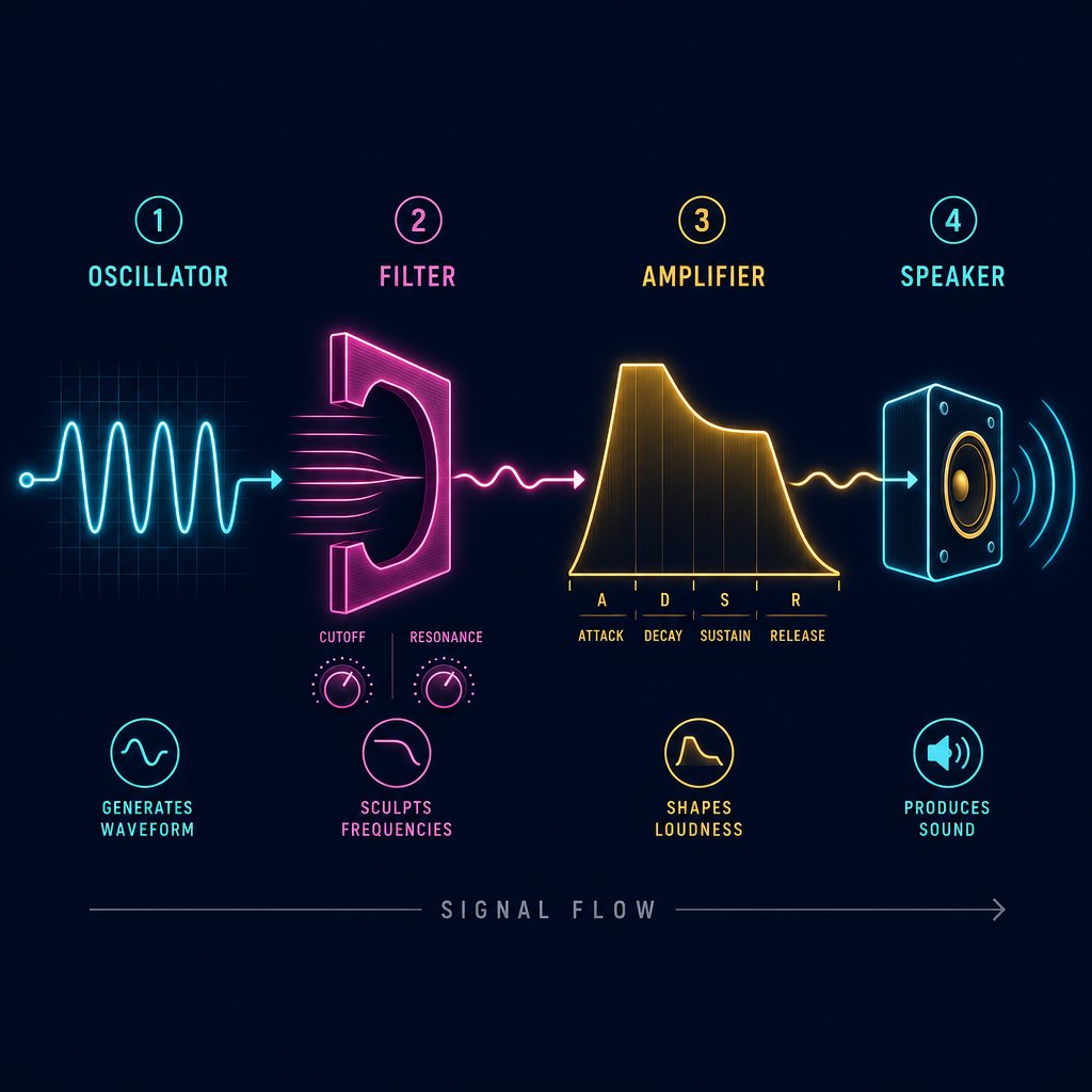 the synthesizer signal chain showing how sound flows from oscillator through filter and amplifier to final output