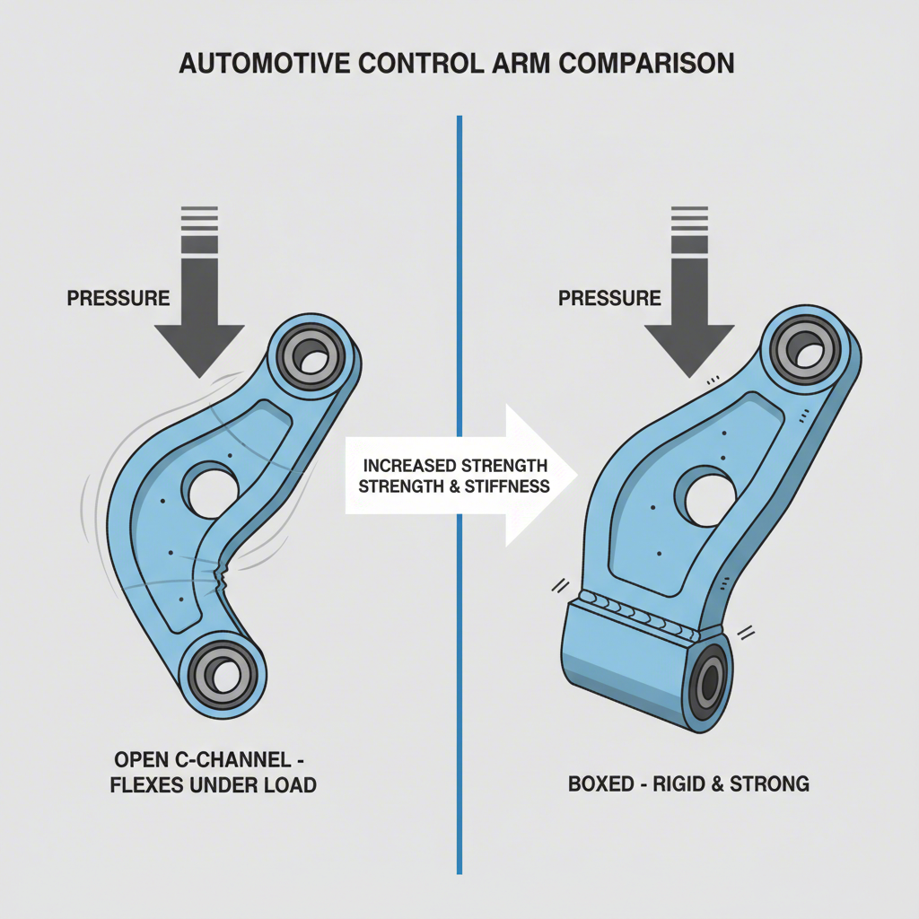 illustration comparing a standard stamped steel control arm to a reinforced boxed arm