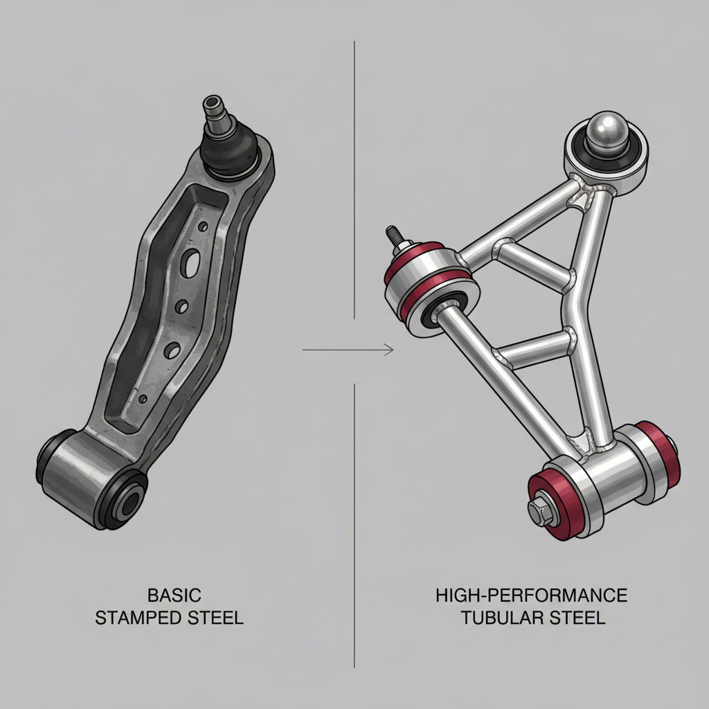 visual comparison of a stock stamped steel control arm and an aftermarket tubular steel upgrade