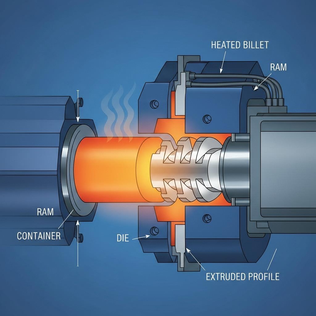 aluminum billet transforms into precision profile through the extrusion die