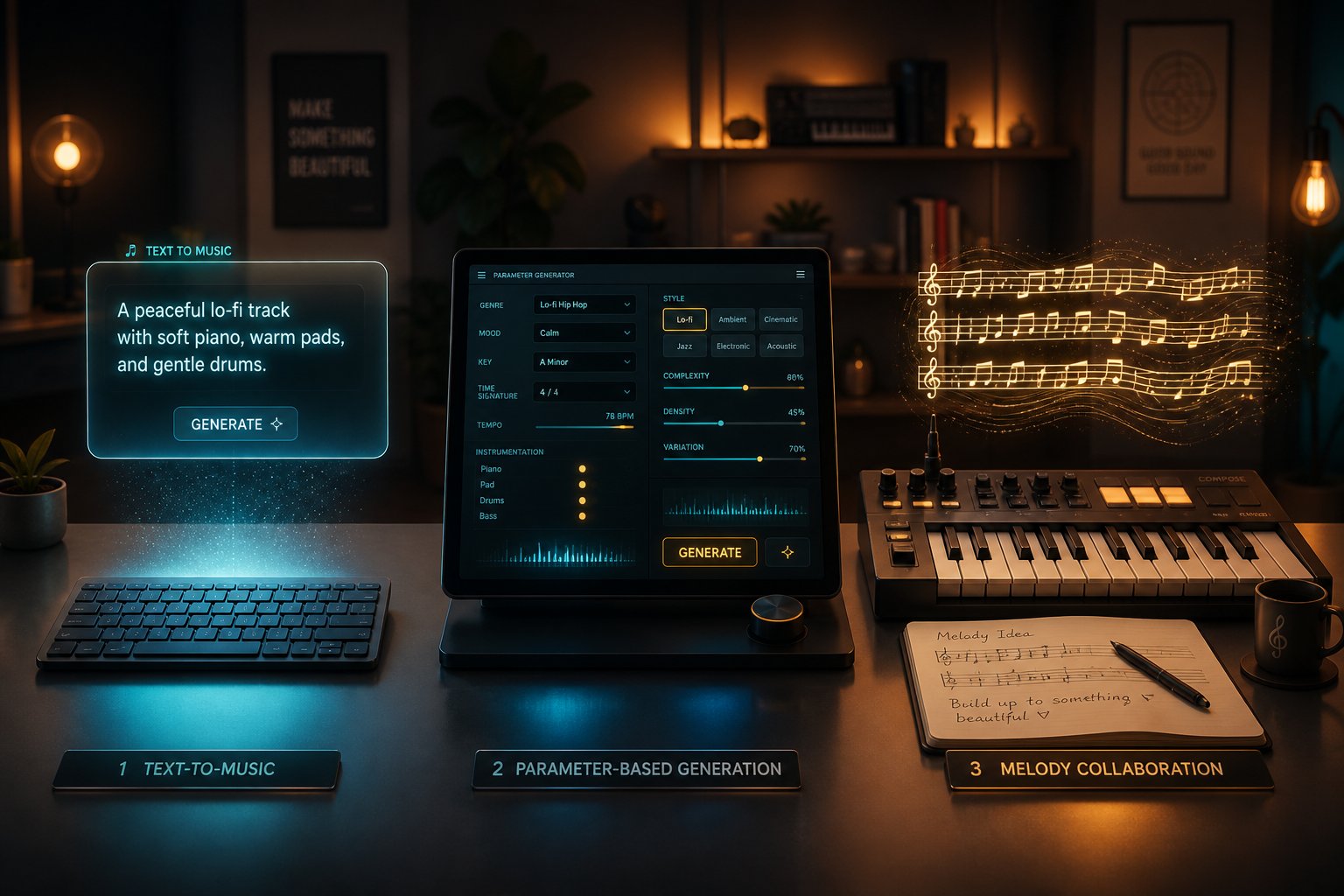 three approaches to ai classical music generation text prompting style based selection and melody driven collaboration