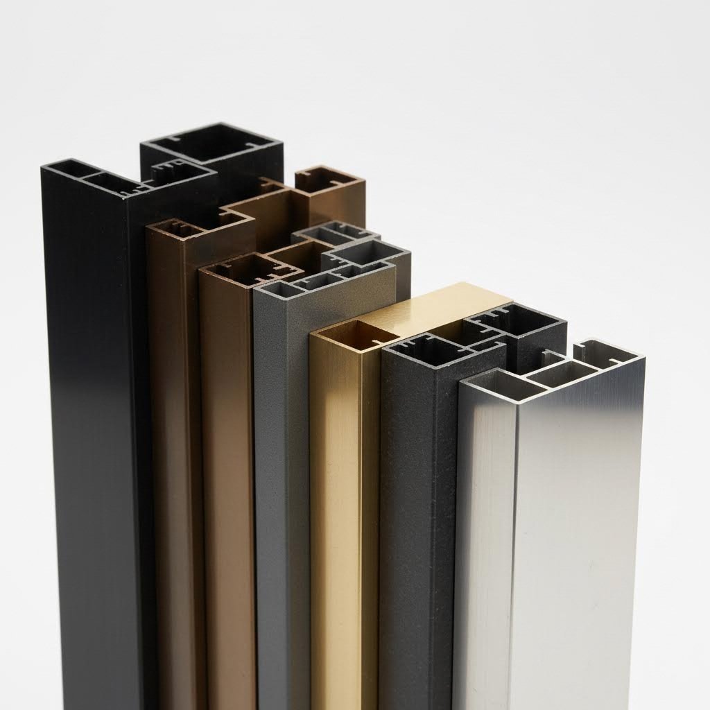 aluminum extrusion profiles featuring various anodized and powder coated finishes