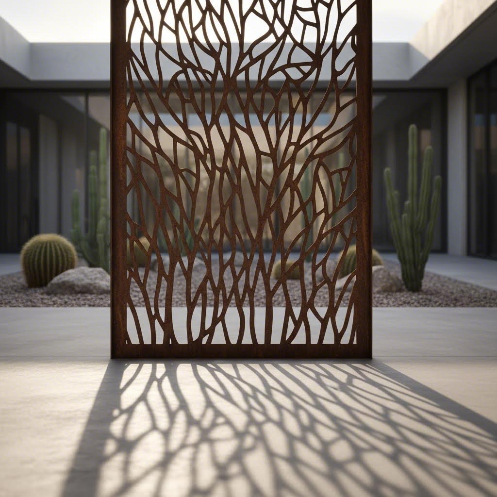 decorative laser cut metal privacy screen in architectural outdoor application