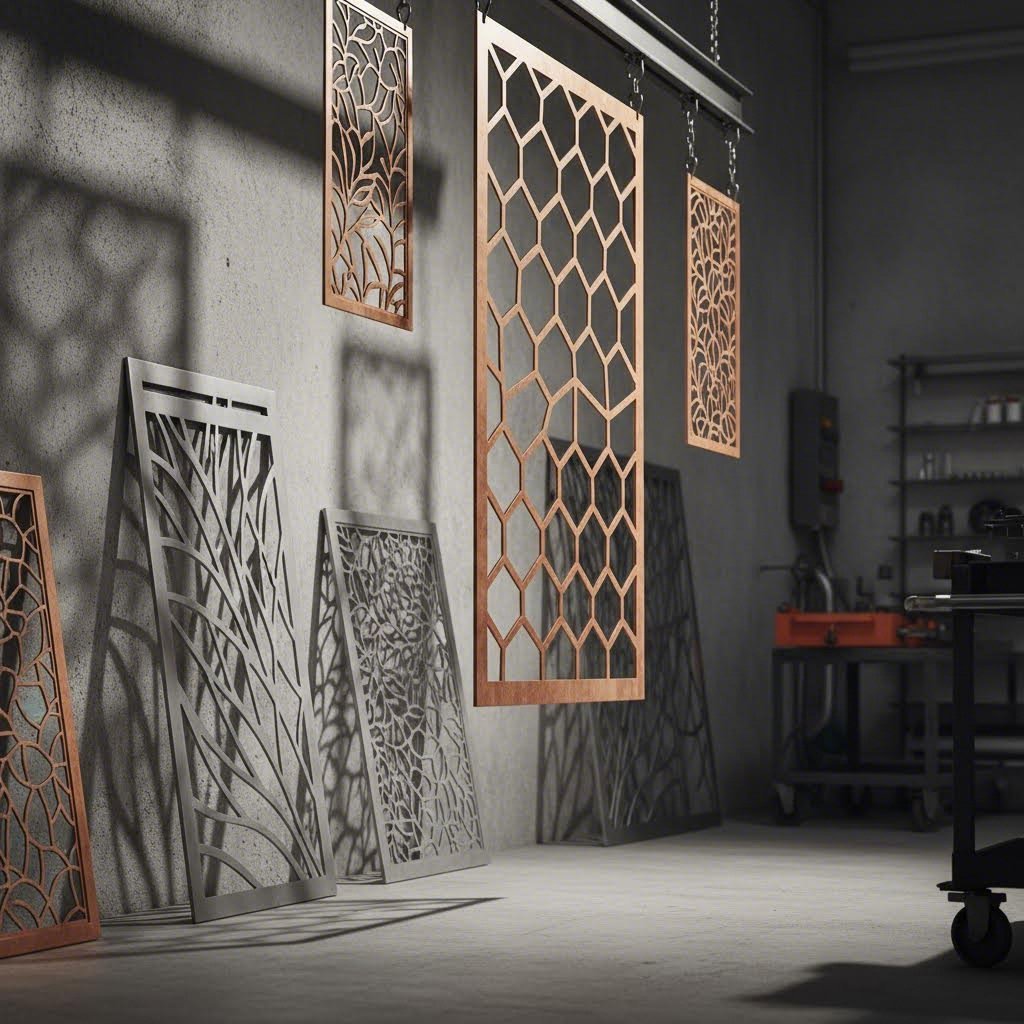 precision laser cut metal panels showcasing intricate geometric and organic patterns
