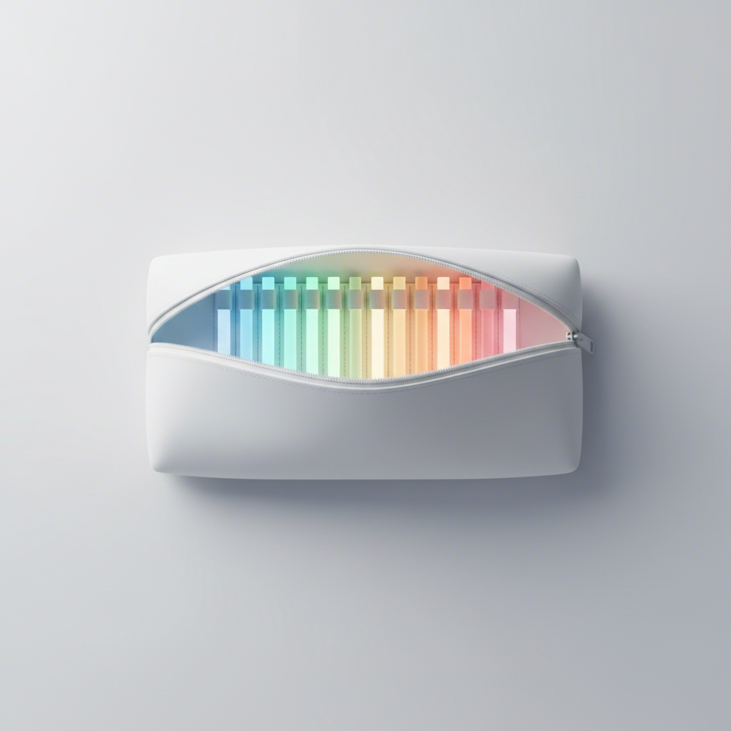 a conceptual view inside a pencil pouch showing organized compartments and features