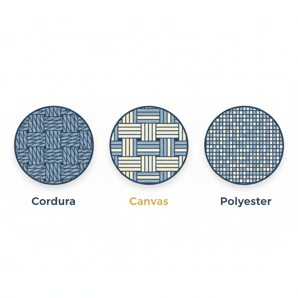 a diagram comparing the weave and texture of durable fabrics like cordura canvas and polyester