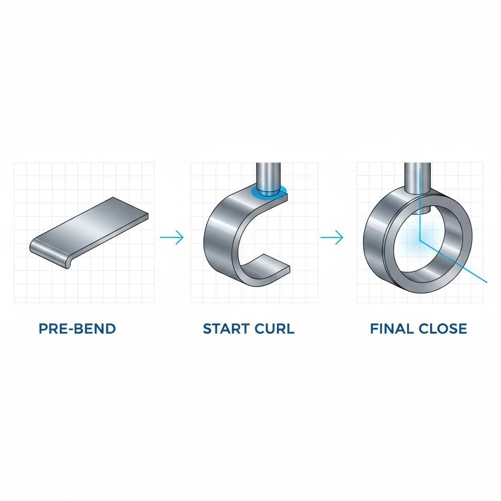 Diagram showing the precise stages of curling a hinge knuckle