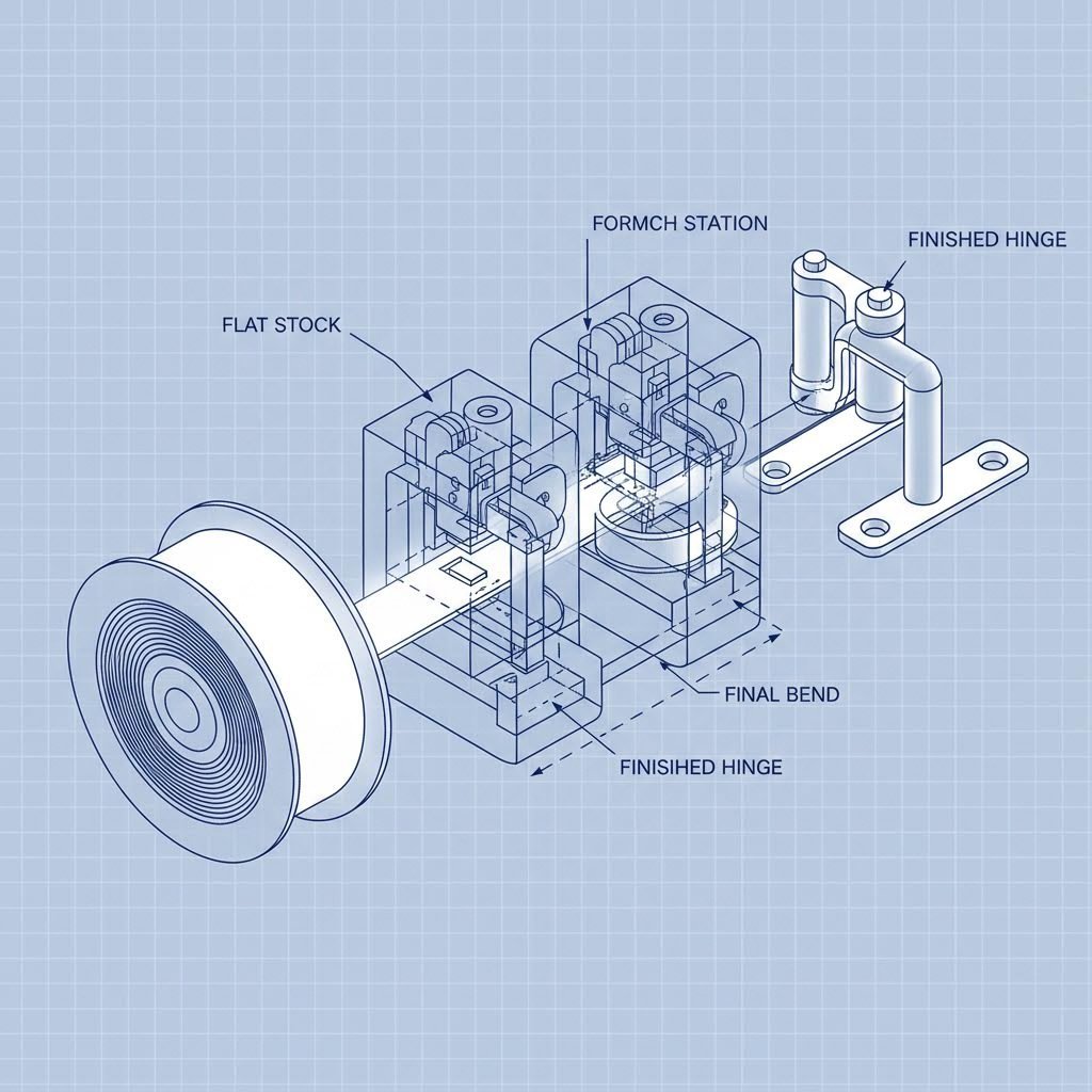 Progressive die metal stamping process transforming sheet metal into door hinges