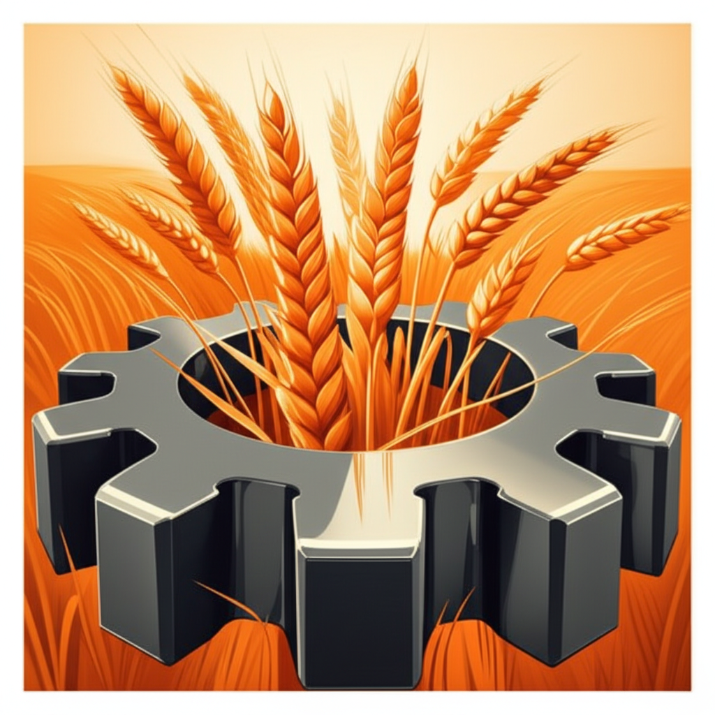 conceptual art of a forged steel gear integrated with a wheat field representing agricultural durability