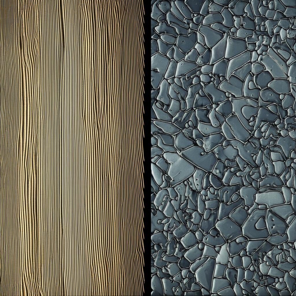 diagram comparing the aligned grain structure of forged metal to the random structure of cast metal