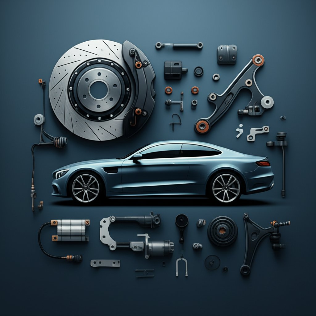 a car surrounded by a variety of generic aftermarket automotive parts highlighting choice and customization