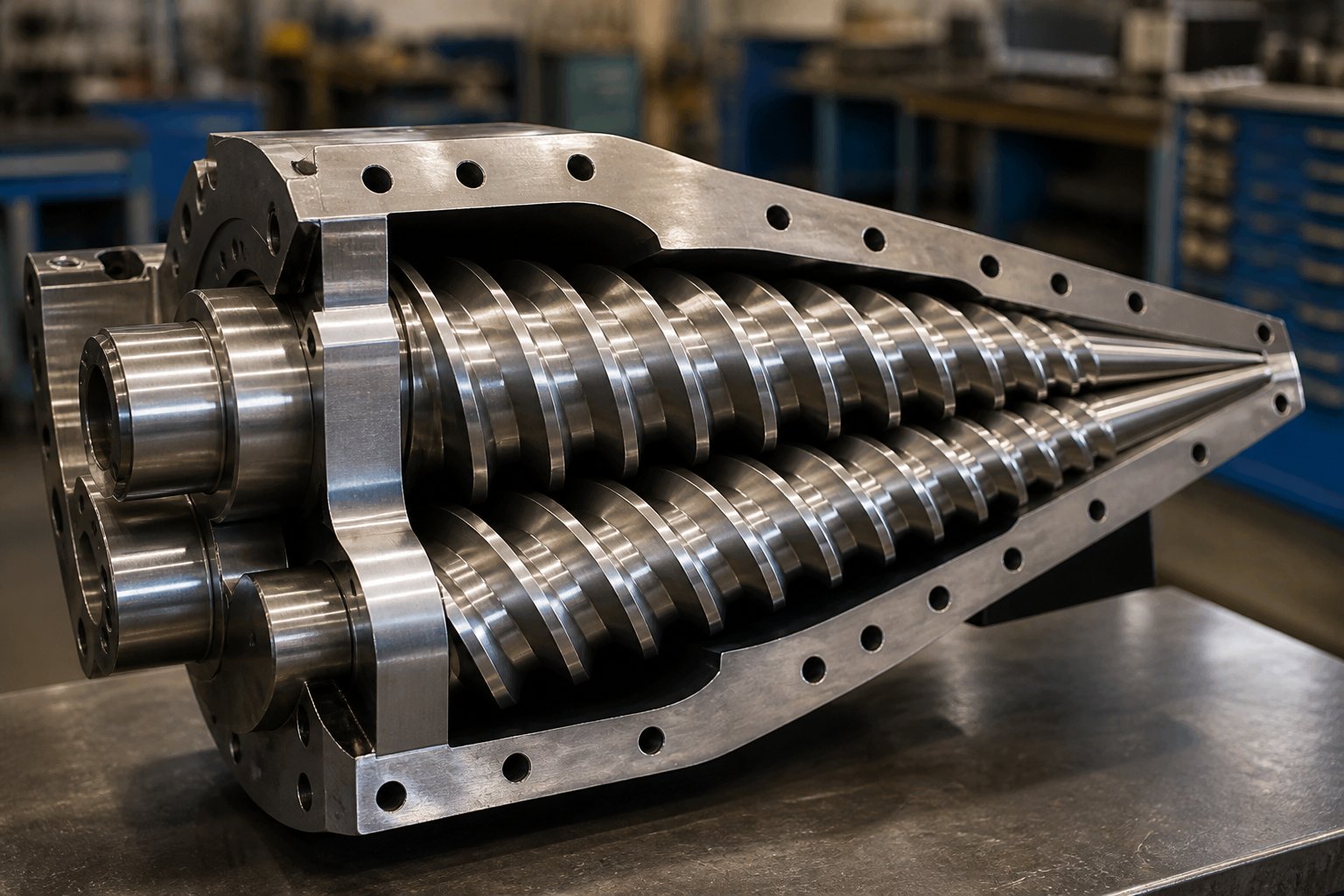 conical twin screw barrel assembly showing tapered screws and precision machined barrel bore used in pvc and wpc extrusion