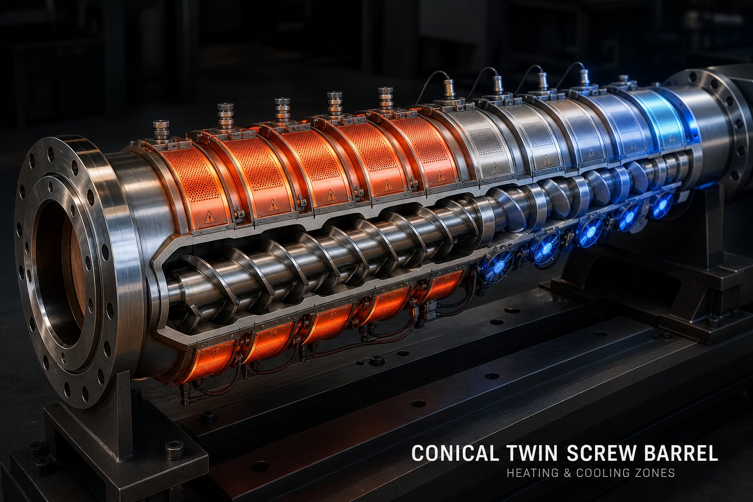 cutaway view of conical twin screw barrel heating and cooling zones arranged along the tapered body