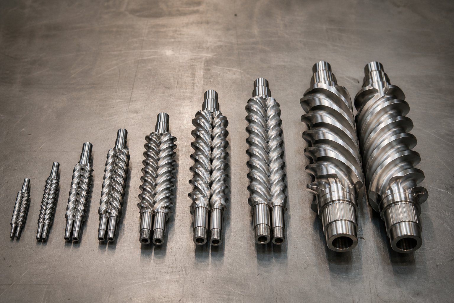 range of conical twin screw barrel sizes from small diameter to high output configurations