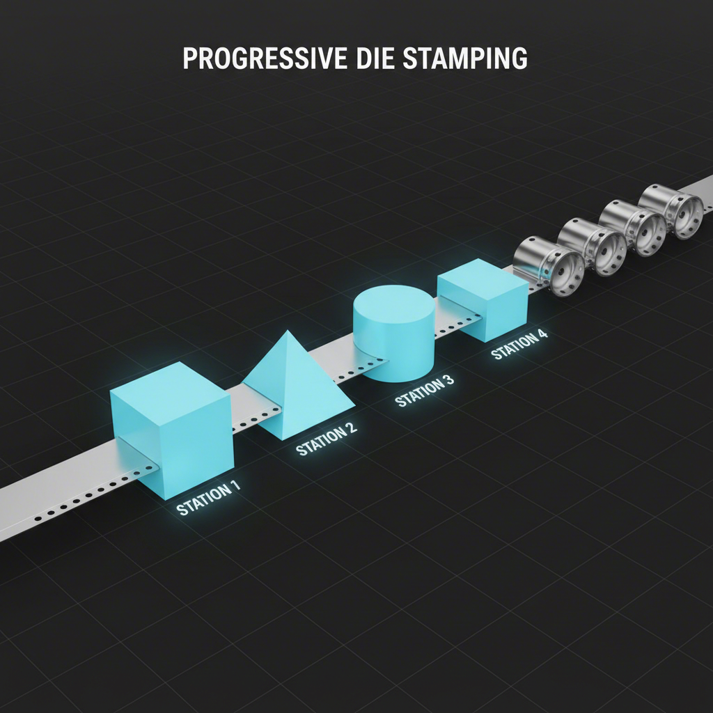 a diagram showing a metal strip being formed sequentially in a progressive die stamping process
