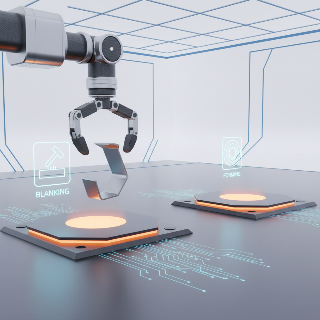 an illustration of a mechanical arm moving a single part between stations in a transfer die stamping system