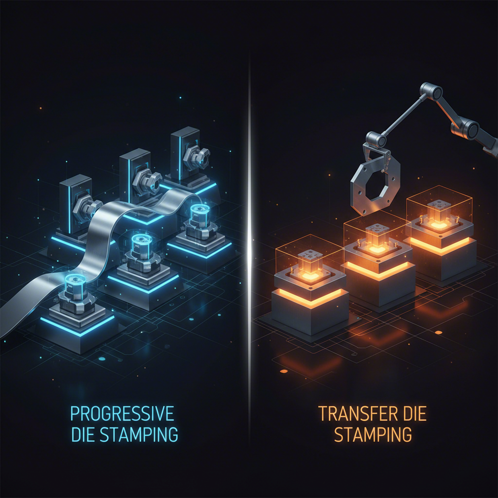conceptual art comparing the continuous flow of progressive die stamping with the individual part handling of transfer die stamping
