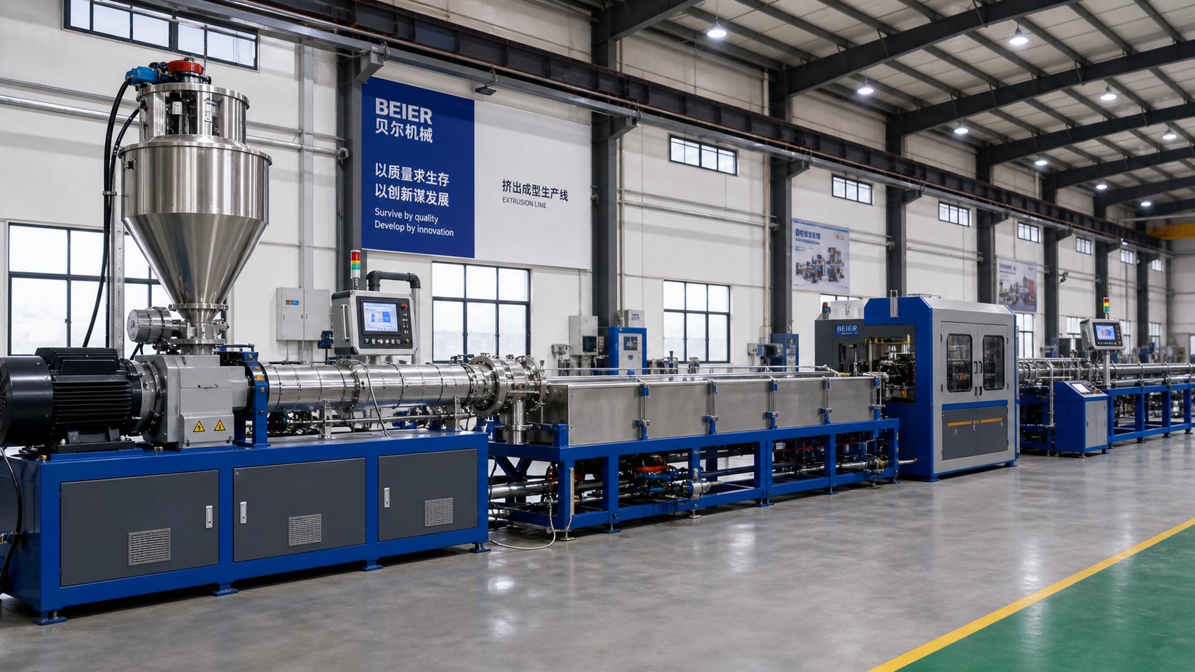 a complete single screw extrusion line showing the extruder cooling section and downstream cutting equipment