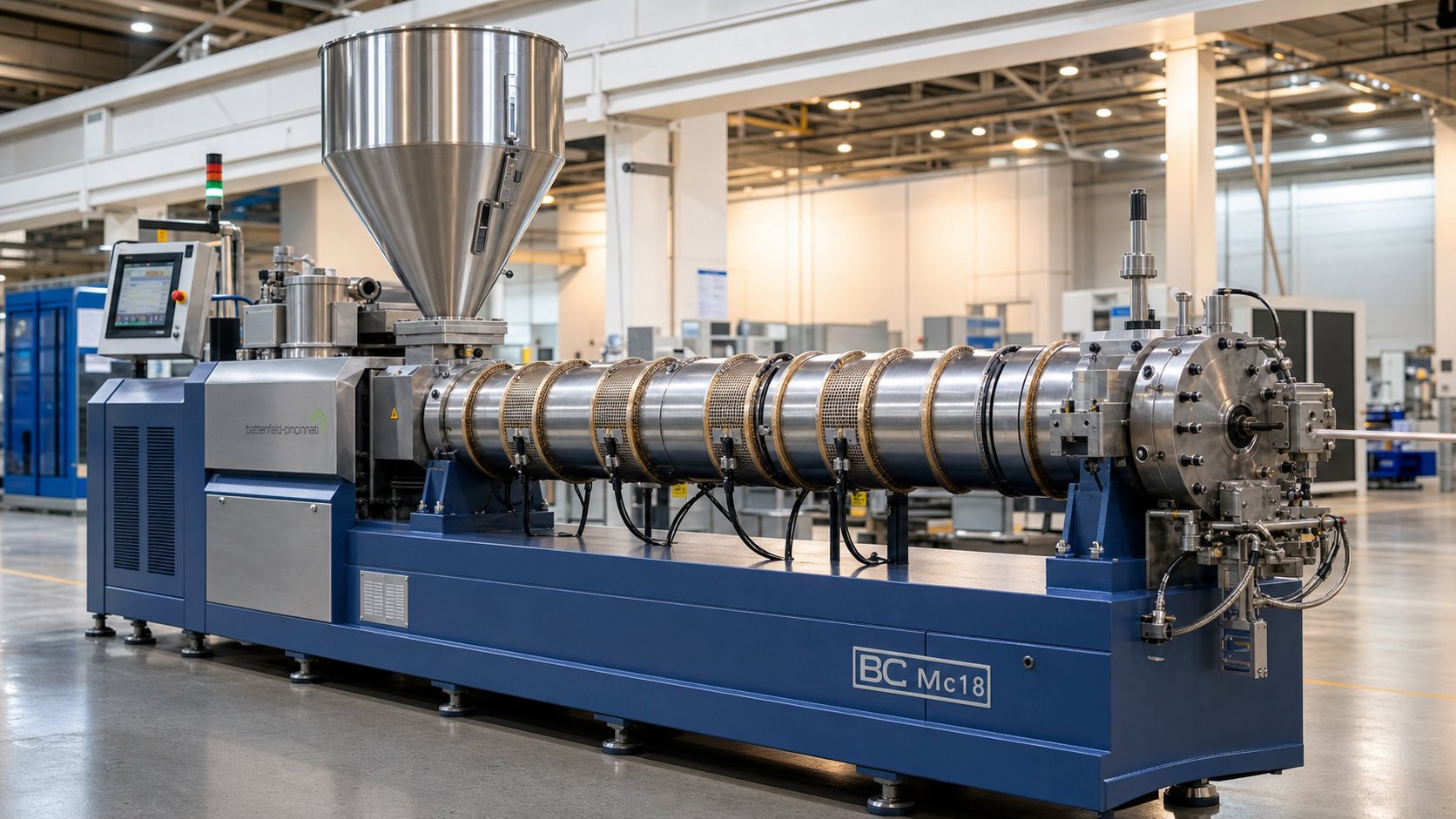 a single screw extruder on a production floor showing the hopper heated barrel zones and die assembly
