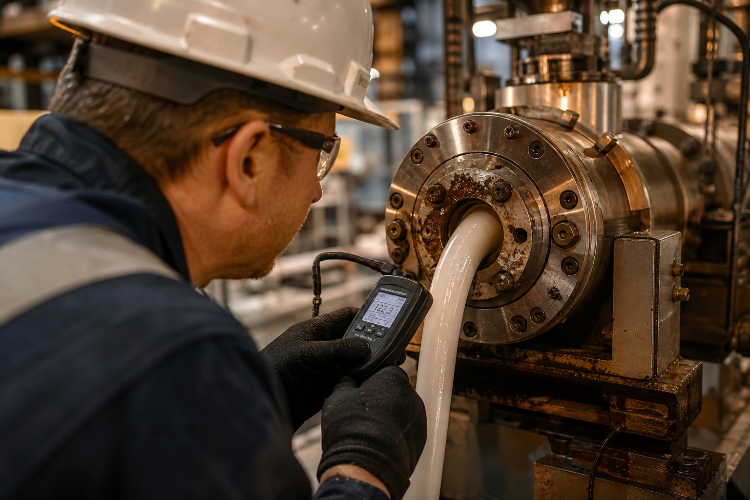 an operator inspecting extrudate quality at the die exit during single screw extrusion production