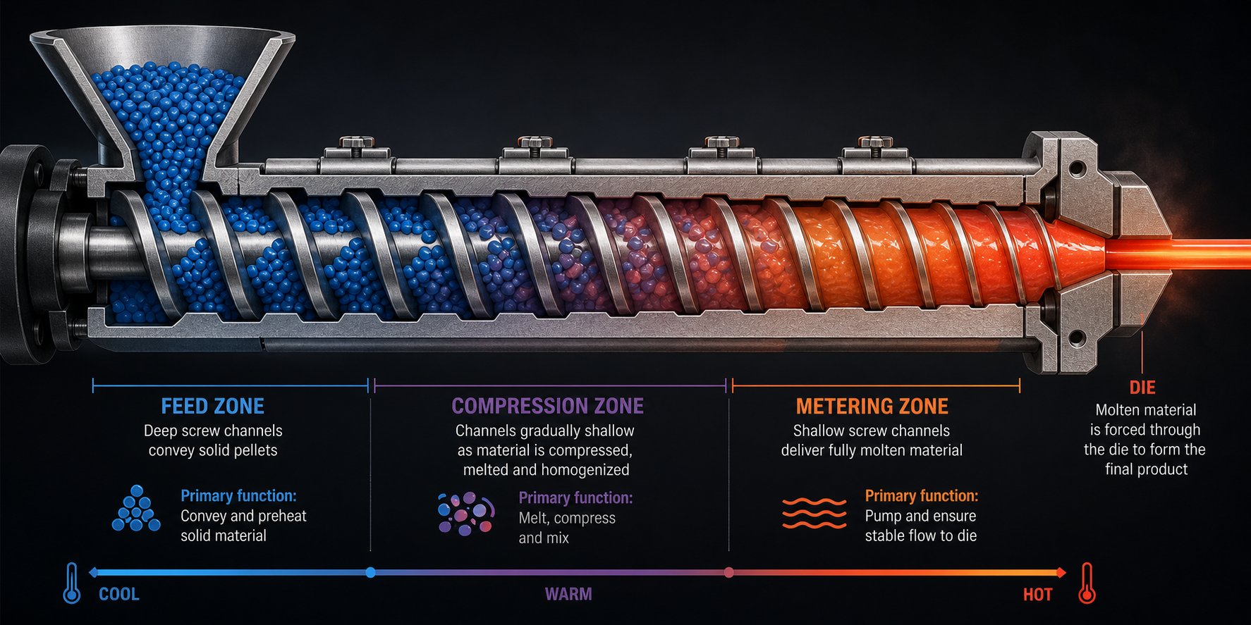 cutaway view of the three functional zones inside a single screw extruder barrel feed compression and metering