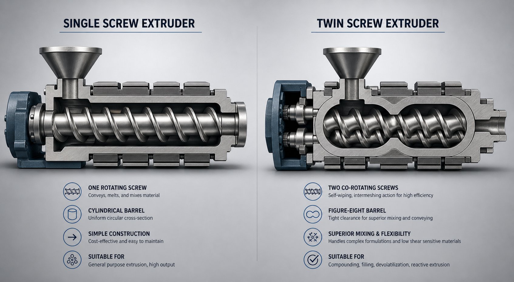 side by side cross section comparison of single screw and twin screw extruder configurations