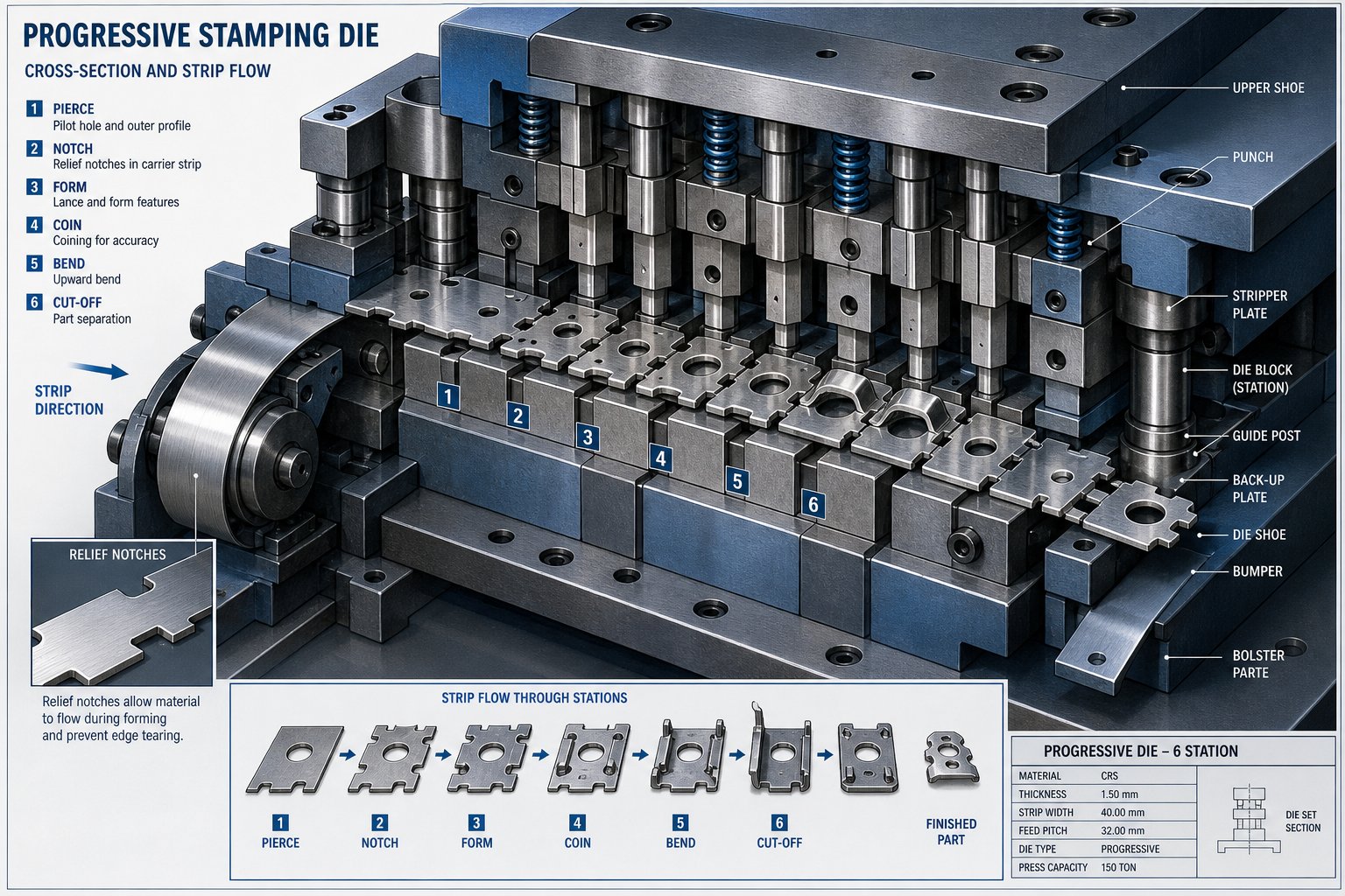 progressive stamping die with bypass notches providing clearance for formed features during strip advancement