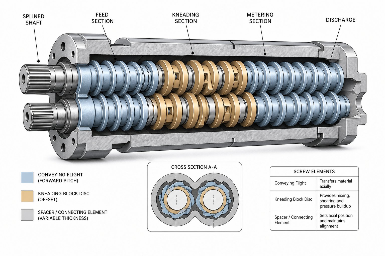 cutaway view of co rotating intermeshing screws with modular conveying and kneading elements inside a figure eight barrel bore