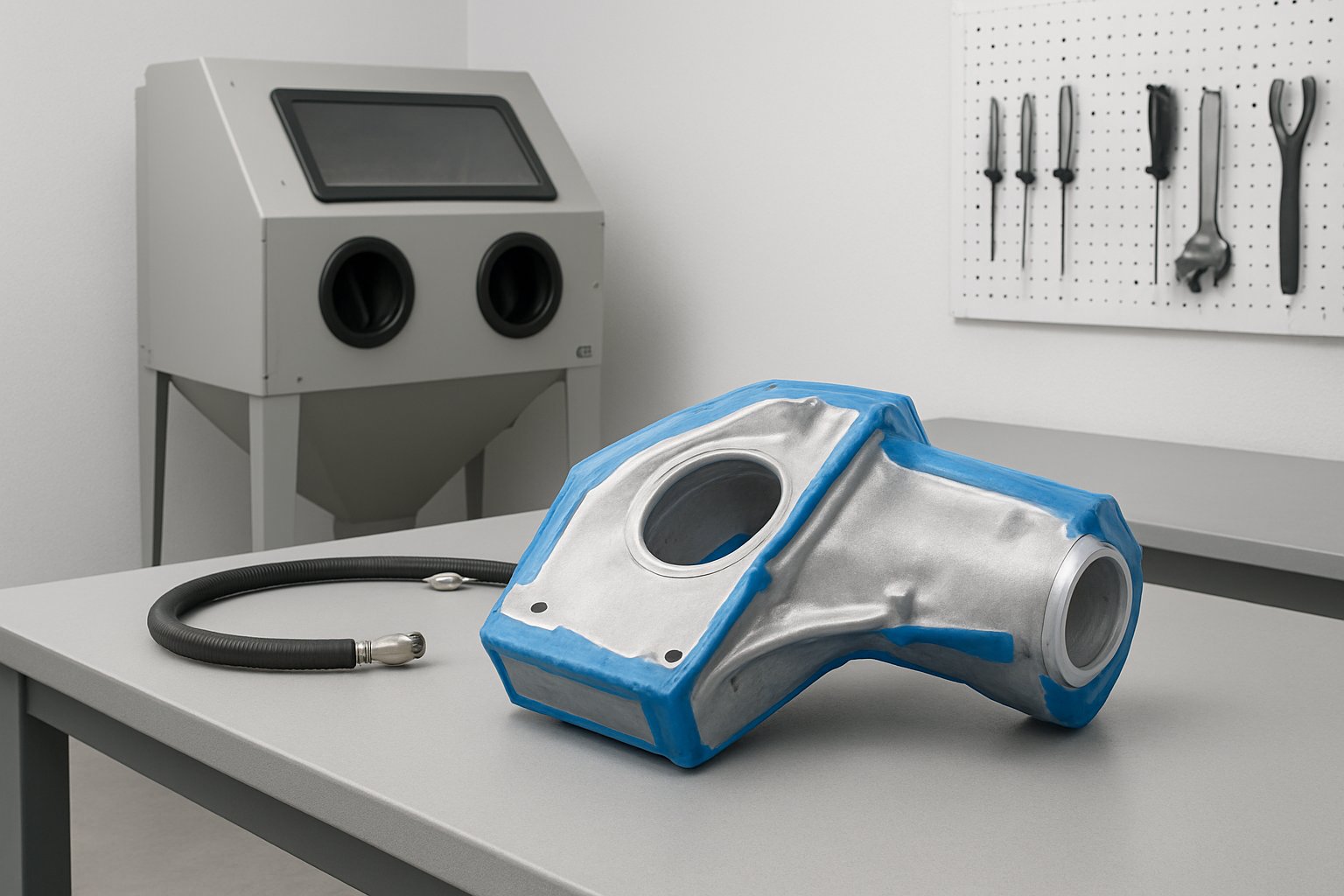 aluminum part masked and prepared before blasting