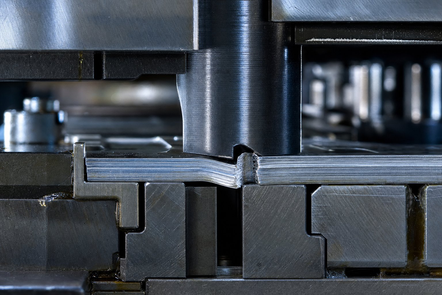 info-1-1 cross section of a bypass notch cutting station showing punch to die interaction and shear zone formation in a progressive stamping die