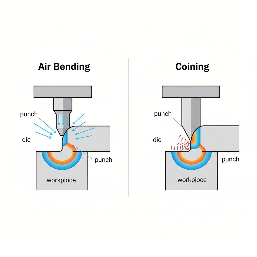 Comparison of air bending versus coining mechanics in metal stamping