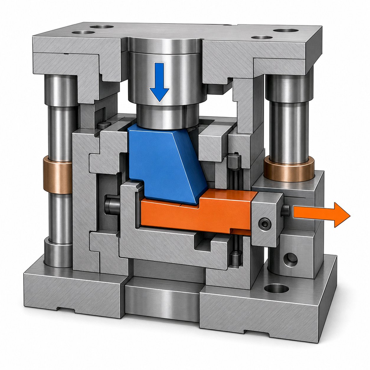 info-1-1 cutaway view of a cam unit converting vertical press force into lateral slide motion through driver angle geometry