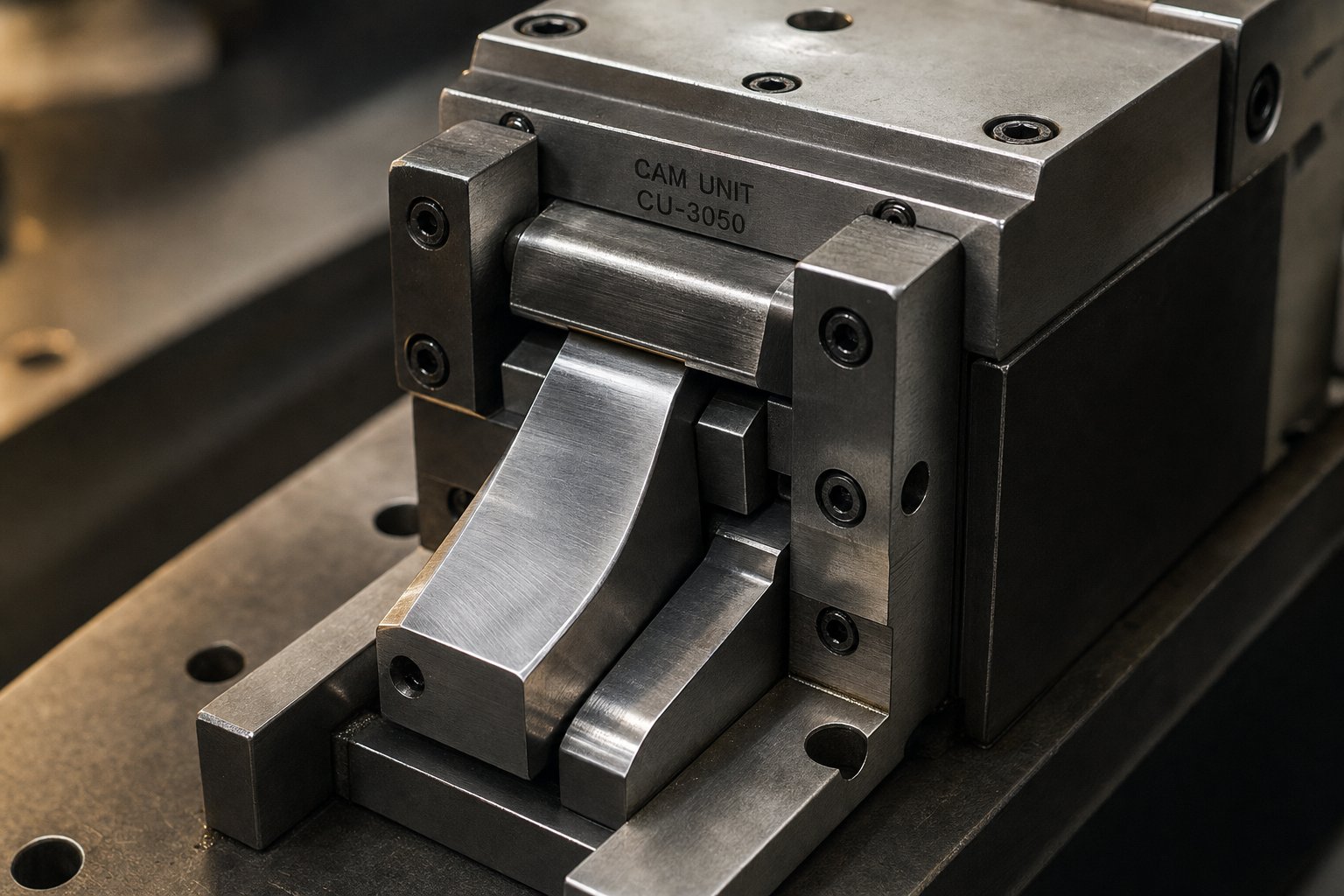 info-1-1 precision machined cam unit assembly showing driver slide and retainer components used in stamping dies