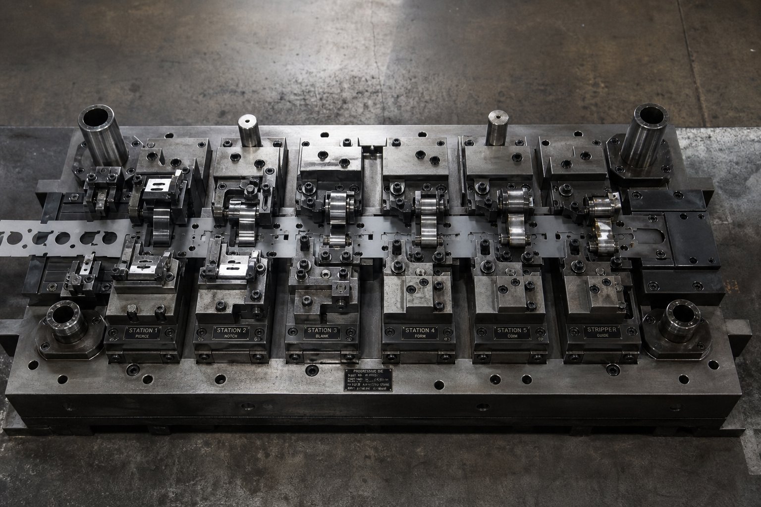 info-1-1 progressive stamping die with multiple cam unit configurations installed at various stations for piercing and trimming