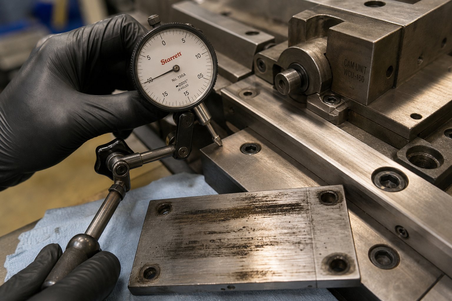 info-1-1 technician measuring cam unit slide backlash with a dial indicator during scheduled die maintenance