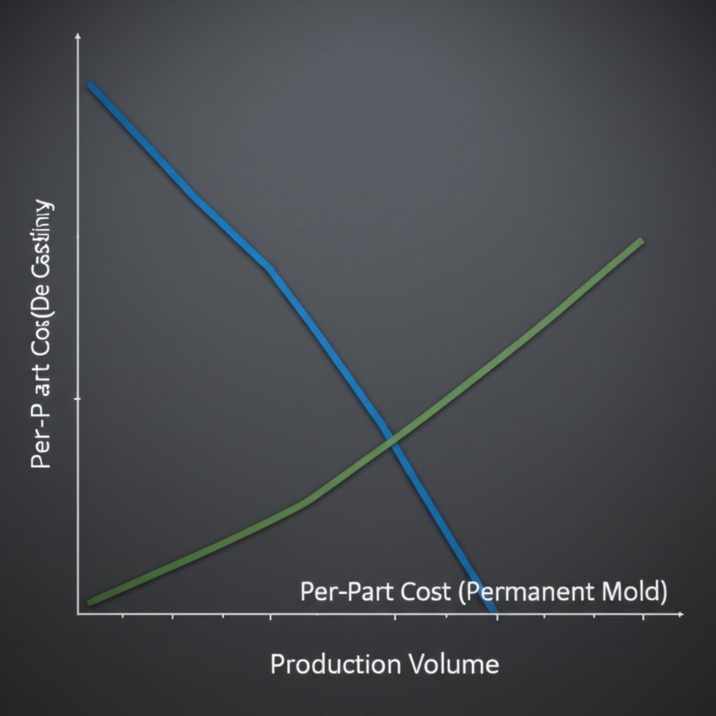infographic illustrating the cost per part trade off between die casting and permanent mold casting based on production volume
