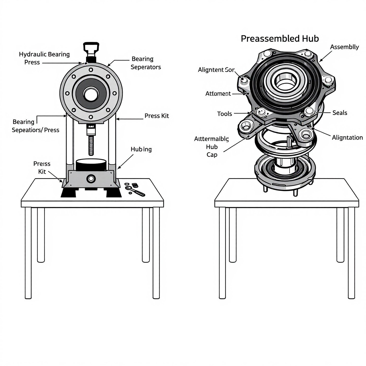 comparing a wheel bearing press kit with a preassembled hub and bearing unit
