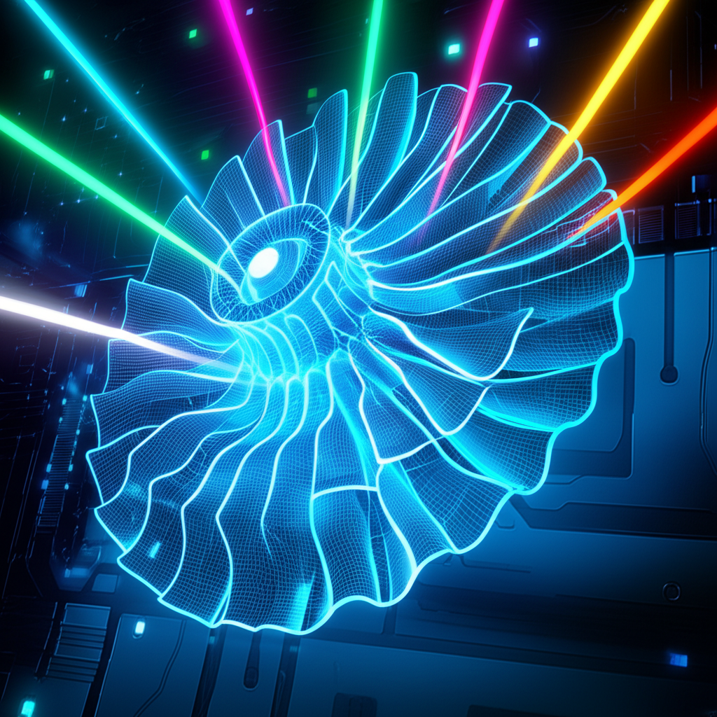 conceptual illustration of 5 axis machining paths on a complex industrial part