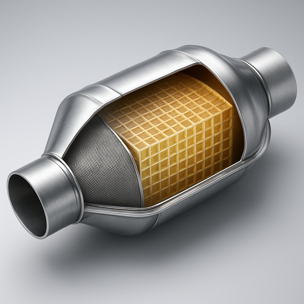 cutaway illustration of a catalytic converter showing the shell honeycomb core and catalyst layers